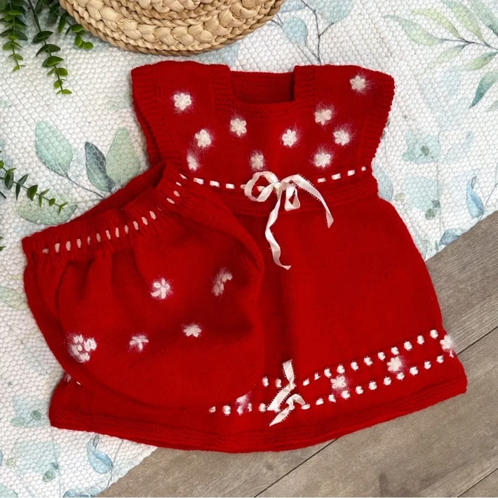 Red Knitted Baby Dress with White Accents
